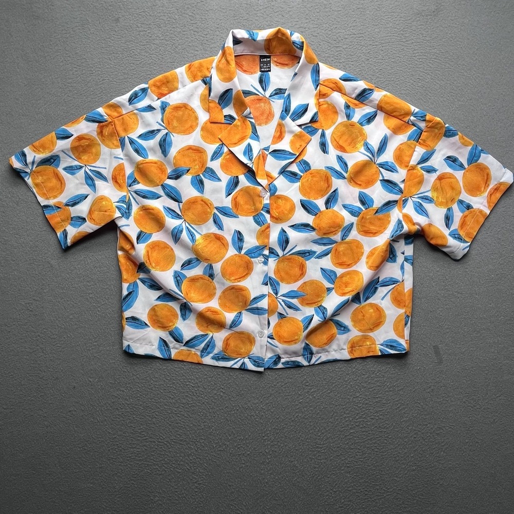 Women Button Up Shirt Polyester Orange Fruit Print XL‎ Tropical Summer